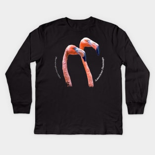 American flamingo tropical bird pin white text Kids Long Sleeve T-Shirt